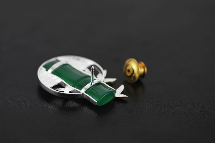 匠心啟航閱讀古典鑲玉髓竹子純銀胸針