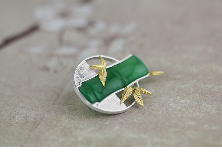 匠心啟航閱讀古典鑲玉髓竹子純銀胸針