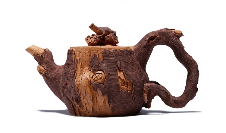 仿木外皮紫砂壺，創(chuàng)意木樁手工雕刻紫砂壺