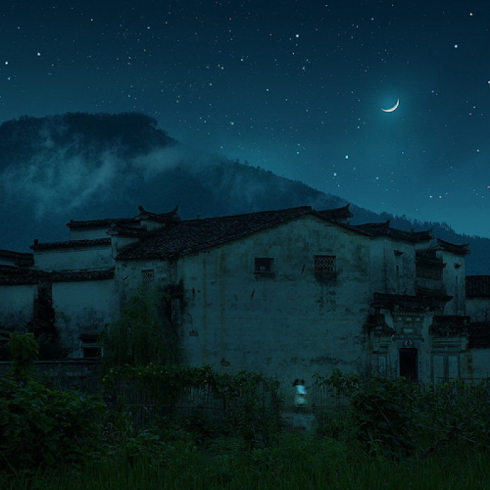 湖光月色插畫，景色秀麗手繪插畫