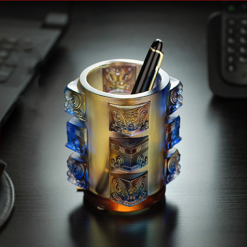 精美失蠟古琉筆筒，中國(guó)傳統(tǒng)手工琉璃筆筒