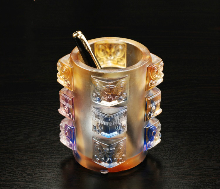 精美失蠟古琉筆筒，中國(guó)傳統(tǒng)手工琉璃筆筒