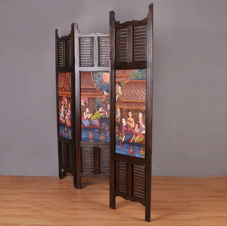 東南亞實(shí)木屏風(fēng)，手繪油畫(huà)屏風(fēng)