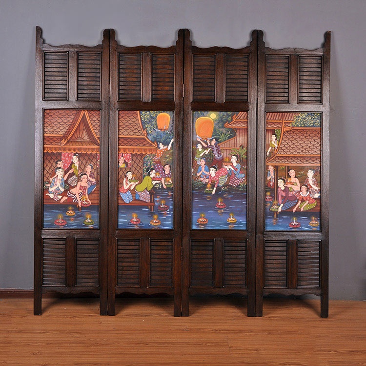 東南亞實(shí)木屏風(fēng)，手繪油畫(huà)屏風(fēng)