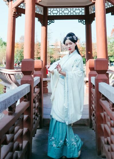 繡花漢服雙繞曲裾，雪紡大袖齊腰襦裙