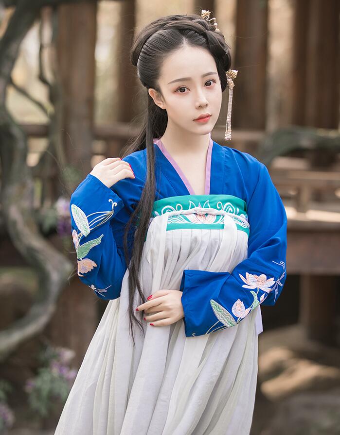漢服荷花刺繡清新古裝，錦絲皺齊胸襦裙?jié)h服