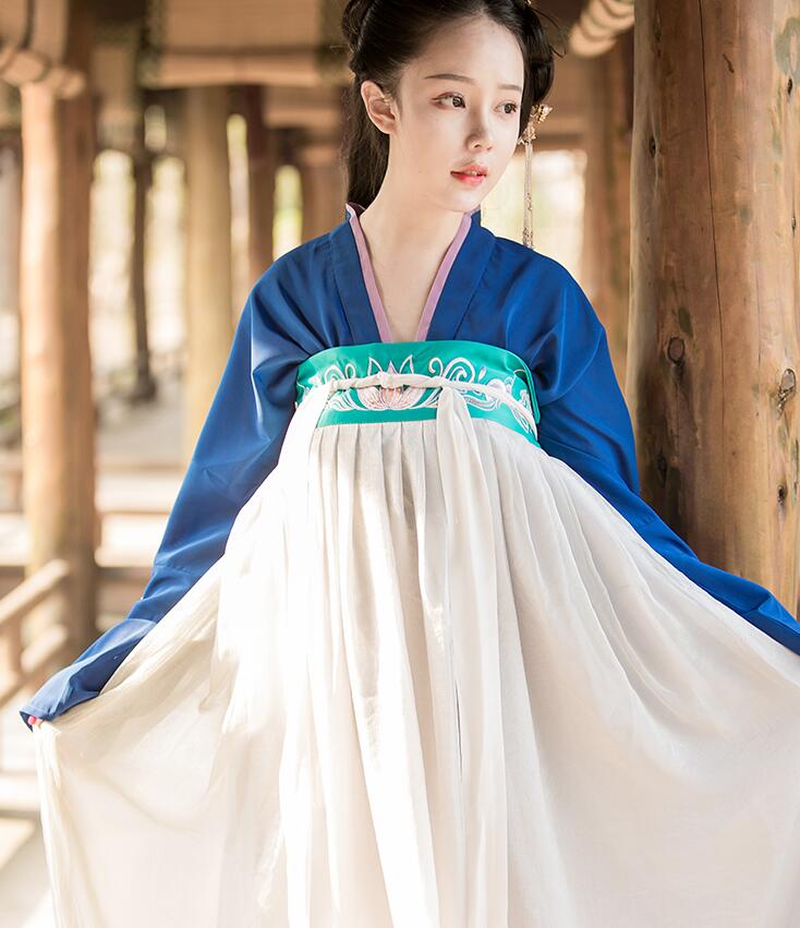 漢服荷花刺繡清新古裝，錦絲皺齊胸襦裙?jié)h服