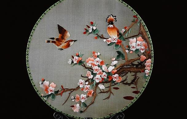 雙面真絲手工刺繡團扇，古典黑檀木宮扇子