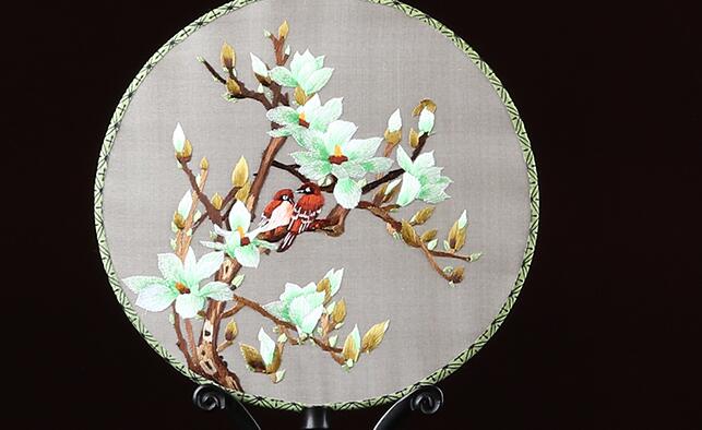 雙面真絲手工刺繡團扇，古典黑檀木宮扇子