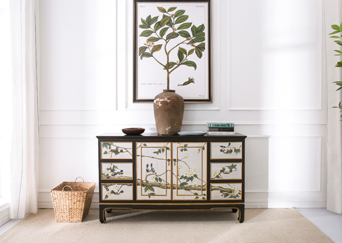 清新國畫收納進(jìn)門柜子，實(shí)木玄關(guān)裝飾門廳柜子