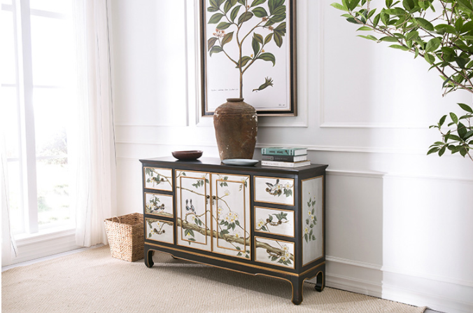 清新國畫收納進(jìn)門柜子，實(shí)木玄關(guān)裝飾門廳柜子