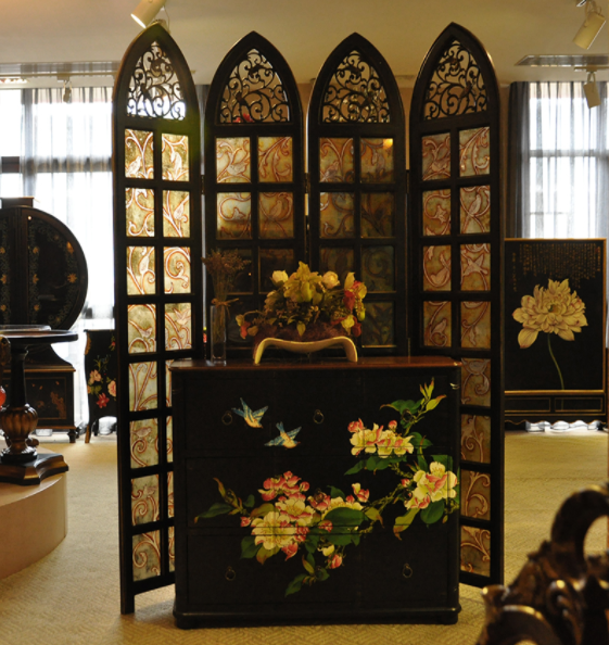 實木鏤空玄關折屏，新古典復古彩繪玻璃屏風