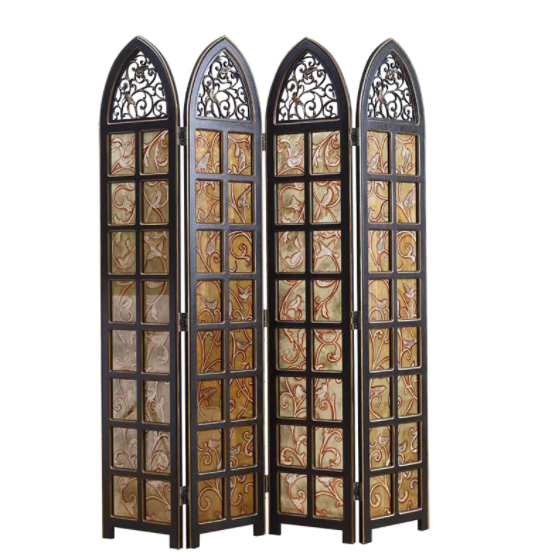 實木鏤空玄關折屏，新古典復古彩繪玻璃屏風