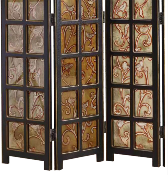 實木鏤空玄關折屏，新古典復古彩繪玻璃屏風