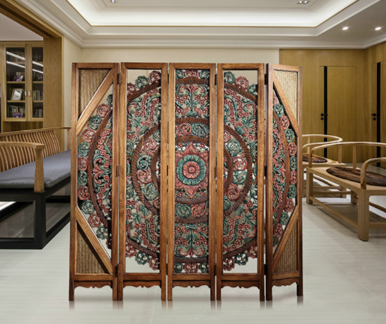 中式復古實木隔斷屏風，彩繪木質(zhì)手工雕花屏風