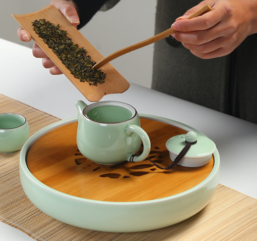 一盞清禪青瓷茶盤，陶瓷手繪荷花茶具