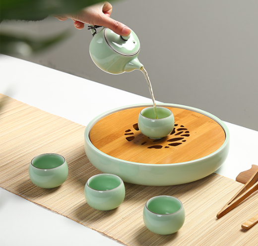 一盞清禪青瓷茶盤，陶瓷手繪荷花茶具