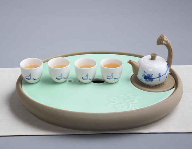 一盞清禪青瓷茶盤，陶瓷手繪荷花茶具