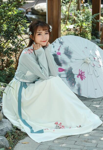 原創(chuàng)漢服清新仙女古裝，荷花刺繡齊胸襦裙