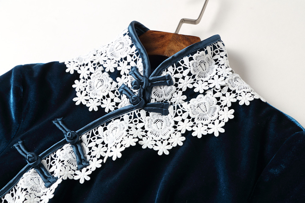 天鵝絨蕾絲花邊旗袍，民國復(fù)古旗袍裙