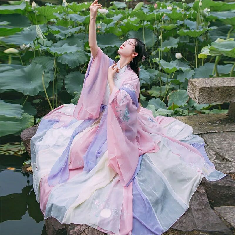 粉紅齊腰襦裙?jié)h服，魏晉風(fēng)大袖衫彩虹裙圖片