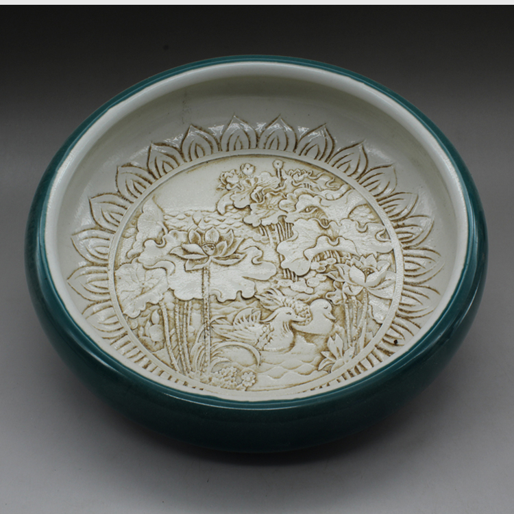 景德鎮(zhèn)·清光緒名家雕刻綠釉水盂(一)