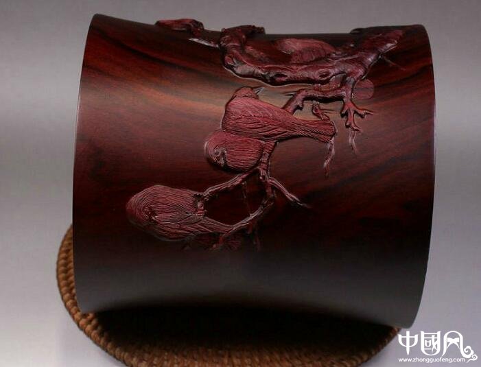 寒鵲圖筆筒紫檀木雕刻，紅木木質(zhì)實木筆筒