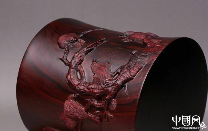 寒鵲圖筆筒紫檀木雕刻，紅木木質(zhì)實木筆筒