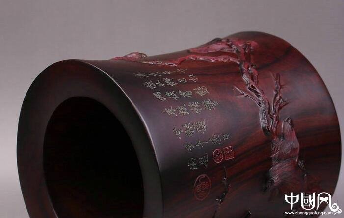 寒鵲圖筆筒紫檀木雕刻，紅木木質(zhì)實木筆筒