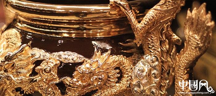 純銅鎏金雙龍香爐，雙耳龍香爐盤香爐