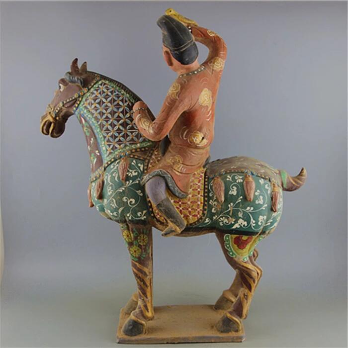 仿博物館真品唐三彩繪畫(huà)馬上人狩獵馬雕像