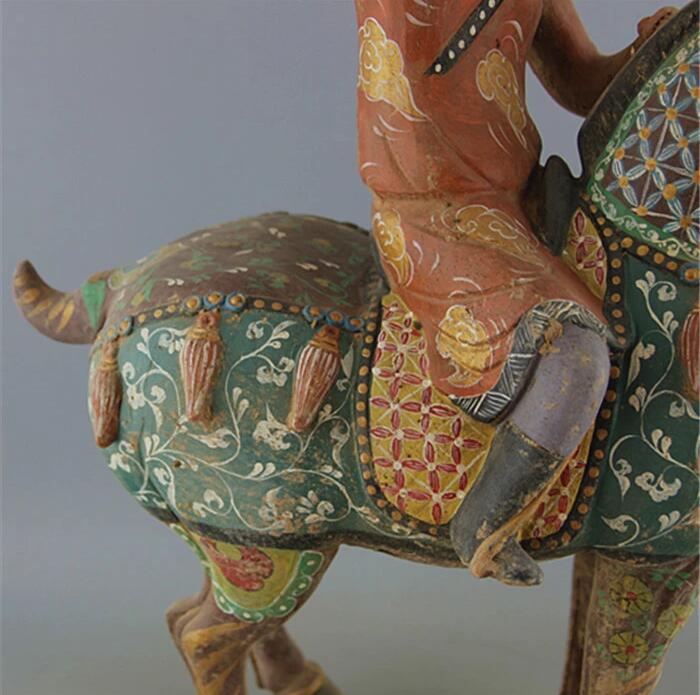仿博物館真品唐三彩繪畫(huà)馬上人狩獵馬雕像