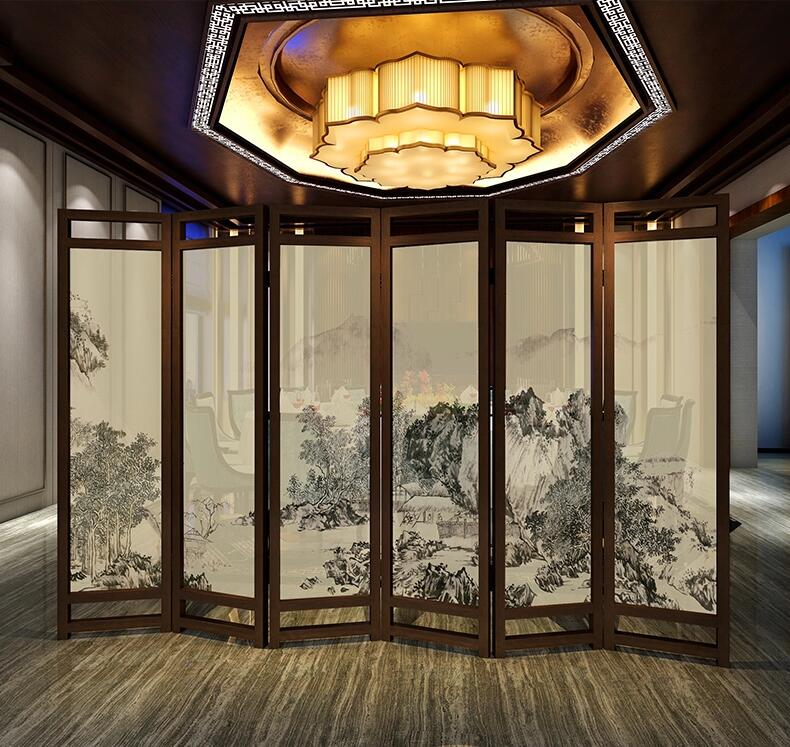 中式屏風(fēng)實木半透山水折屏