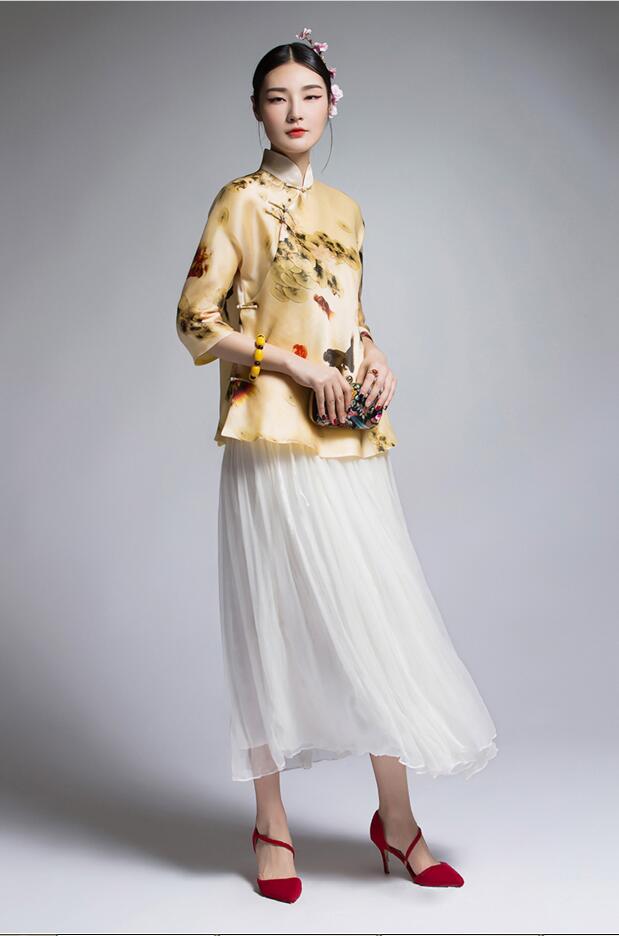 匠心啟航閱讀復(fù)古真絲歐根緞印花改良唐裝