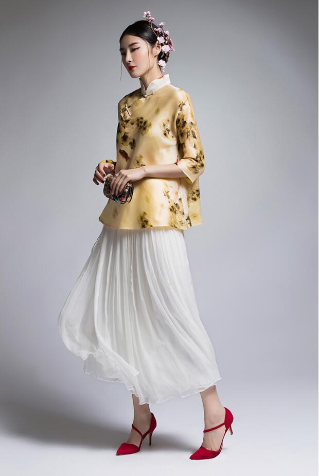 匠心啟航閱讀復(fù)古真絲歐根緞印花改良唐裝