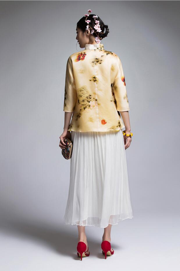 匠心啟航閱讀復(fù)古真絲歐根緞印花改良唐裝