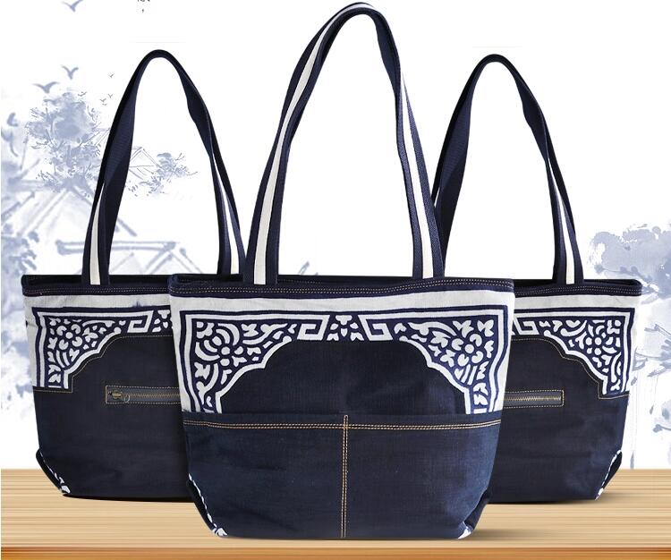 手工藝藍(lán)印花布拎包