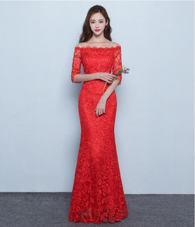 夏季性感魚(yú)尾長(zhǎng)款紅色結(jié)婚中式禮服