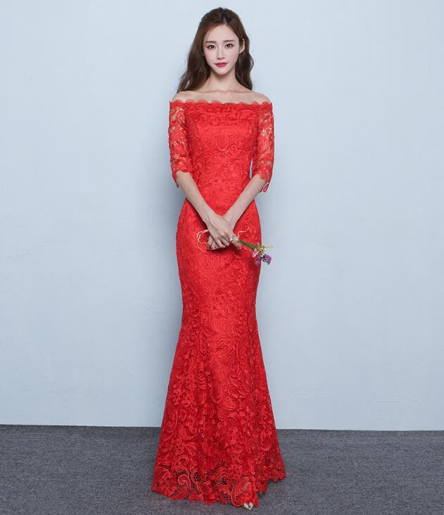 夏季性感魚(yú)尾長(zhǎng)款紅色結(jié)婚中式禮服