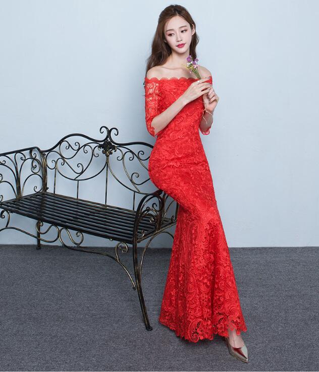 夏季性感魚(yú)尾長(zhǎng)款紅色結(jié)婚中式禮服