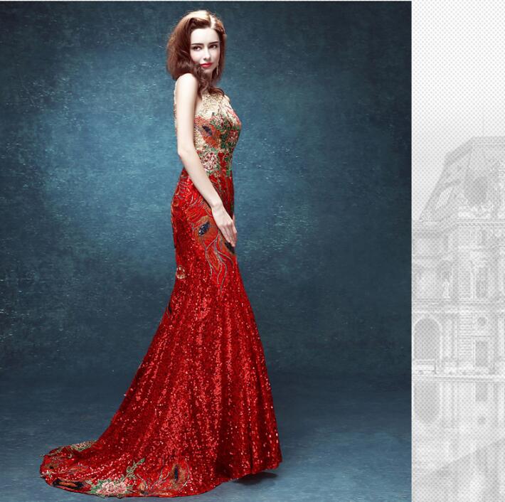 夏季魚尾性感一字肩復古刺繡中式禮服