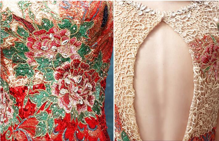 夏季魚尾性感一字肩復古刺繡中式禮服