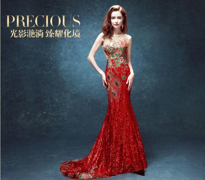 夏季魚尾性感一字肩復古刺繡中式禮服