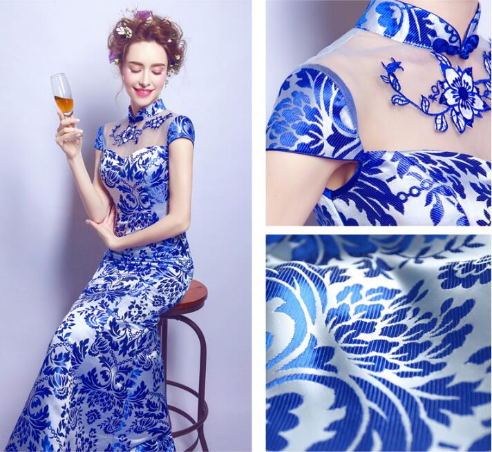 匠心啟航閱讀青花瓷魚尾旗袍中式禮服