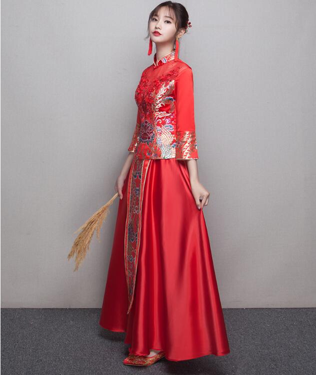 中式立領(lǐng)盤(pán)扣中國(guó)紅錦緞中式禮服