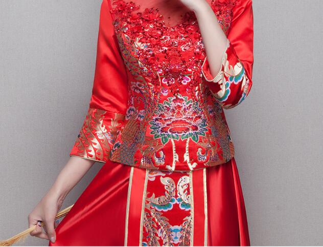 中式立領(lǐng)盤(pán)扣中國(guó)紅錦緞中式禮服