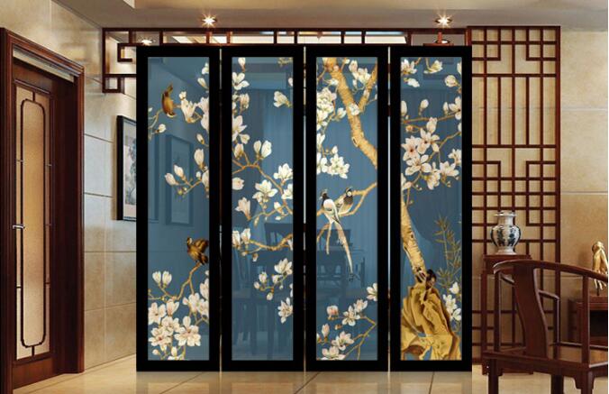 實木中式胡桃木半透明紗質(zhì)屏風(fēng)