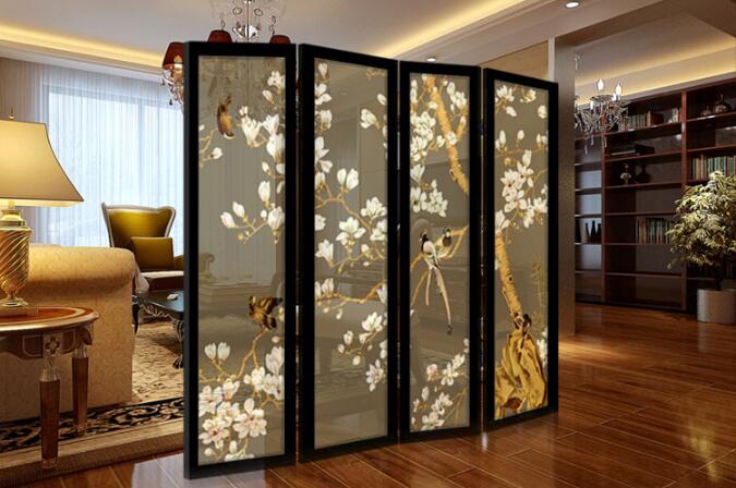 實木中式胡桃木半透明紗質(zhì)屏風(fēng)