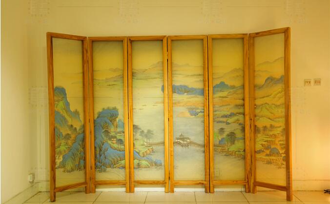 新中式山水花鳥絹布折疊屏風