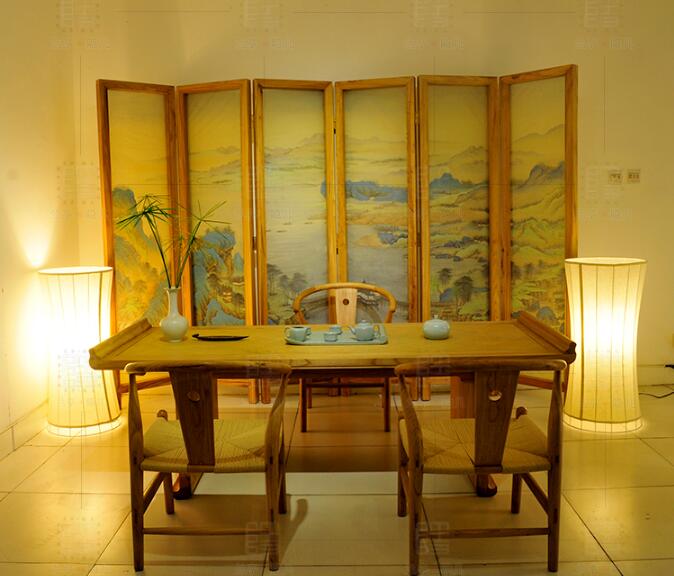 新中式山水花鳥絹布折疊屏風